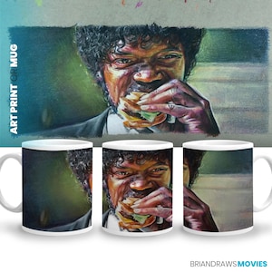 Taza de café con escena de hamburguesa Big Kahuna de Pulp Fiction, Quentin Tarantino, Samuel Jackson, amante del cine, cinéfilo, dibujo a lápiz de color, impresión artística