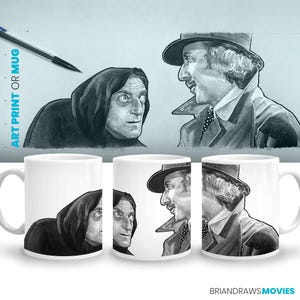 May include: Two white ceramic mugs featuring black and white illustrations of characters from the film "The Addams Family". The mugs depict Gomez Addams and Morticia Addams.