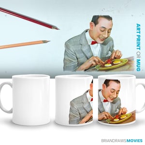 May include: A white ceramic mug with a colorful image of a man in a gray suit eating a plate of eggs. The text "ART PRINT OR MUG" is on the right side of the image.