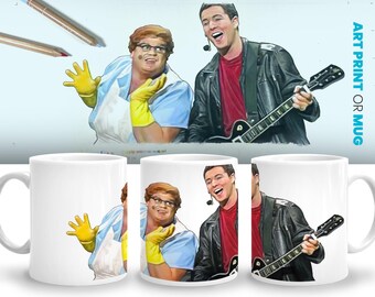 Lunchlady Land Adam Sandler Chris Farley Song Coffee Mug Drawing, SNL Skit Saturday Night Live Fan Movie Lover Gift Film Buff Fine Art Print