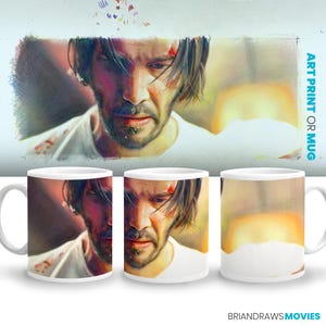 John Wick Actionszene Kaffeebecher, Keanu Reeves Fan, Manneshöhle, Wanddekor, Filmliebhaber Geschenk, Buntstift Zeichnung, Fine Art Print