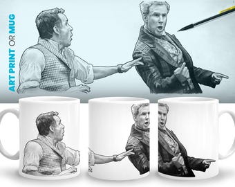 Spirited Good Afternoon Christmas Movie Scene Coffee Mug, Ryan Reynolds Will Ferrell Kiss My Dickens, X-Mas Lover, Pencil Drawing Art Print