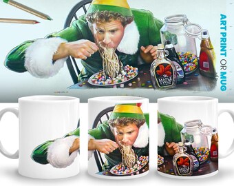 Elf Christmas Movie Buddy Syrup Spaghetti Breakfast Scene Coffee Mug, Will Ferrell Fan Room Decor, Gift Film Buff Decoration Idea Art Print