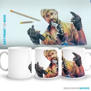 Taza de café con el tema Fall Guy de Ryan Gosling, decoración de cine en casa de Stunt David Leitch, regalo para amantes de las películas de acción, arte de pared con dibujo a lápiz de colores
