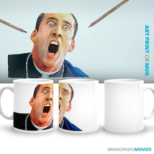 May include: A white ceramic mug with a colorful illustration of Nicolas Cage as a priest from the movie "Vampire's Kiss". The mug has a black handle and is available as an art print or mug.