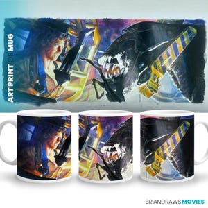 May include: White ceramic mug featuring a vibrant illustration from the movie "Alien." The artwork depicts a woman in a spacesuit facing a menacing alien creature. The mug has a wraparound design with the text "ART PRINT OR MUG."