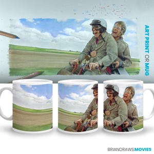 May include: A white ceramic mug with a colorful illustration of two men wearing helmets and riding a small vehicle. The background is a watercolor-style landscape with a blue sky and green fields. The text "ART PRINT OR MUG" is visible in the upper right corner of the image.