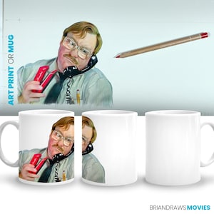 May include: A white ceramic mug with a colorful illustration of a man on the phone. The man is wearing a light blue shirt and has brown hair and glasses. The mug has a handle on the left side.