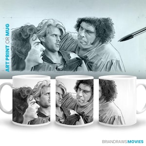 Taza de café con escena de la princesa prometida, decoración de habitación de André el Gigante, fan de Elwes Rob Reiner, regalo para amantes del cine, cinéfilo, dibujo a lápiz, impresión de bellas artes