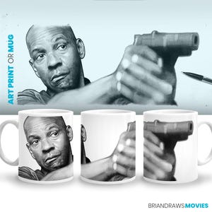 May include: A black and white illustration of a man holding a gun. The man is looking to the right and has a serious expression on his face. The illustration is on a white mug.