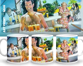 May include: White ceramic mug featuring a colorful illustration of a man holding drinks, with a bar scene and people in the background. The mug has the text "ART PRINT OR MUG" and "BRIANDRAWSMOVIES".