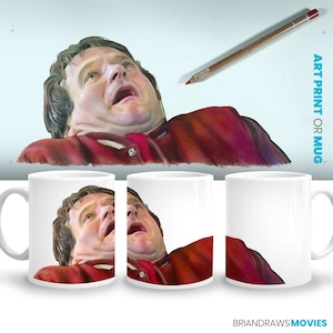 Taza de café de Robin Williams y la Sra. Doubtfire, impresión de una escena de perrito caliente, dibujo a lápiz de color, regalo para cinéfilos, lámina artística