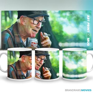 May include: A white ceramic mug with a colorful illustration of a man holding a can of beer and a cigarette. The man is wearing a plaid shirt and a hat. The background is a blurred image of green foliage.