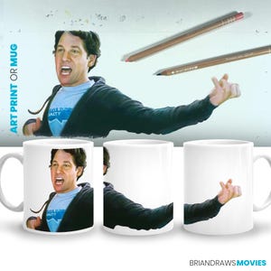 Taza de café con escena de Paul Rudd Slappin' da Bass, decoración de habitación I Love You Man, regalo para amantes del cine, dibujo a lápiz de colores para cinéfilos, impresión artística fina