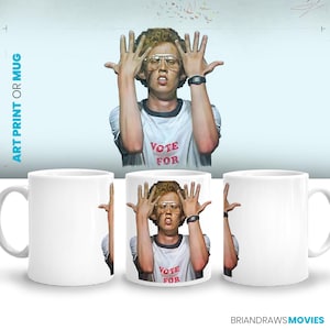 Taza de café con escena de baile de Napoleon Dynamite, regalo para amantes del cine, cine en casa, cinéfilo, dibujo a lápiz de color, impresión artística