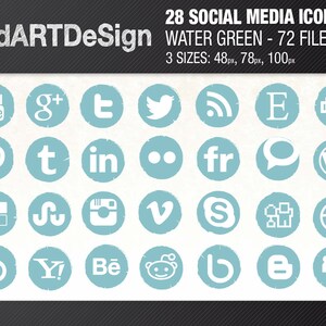 May include: A set of 28 social media icons in a water green color. The icons are in a circle shape with a white background and white text. The icons include popular social media platforms such as YouTube, Facebook, Twitter, Instagram, Pinterest, and more.