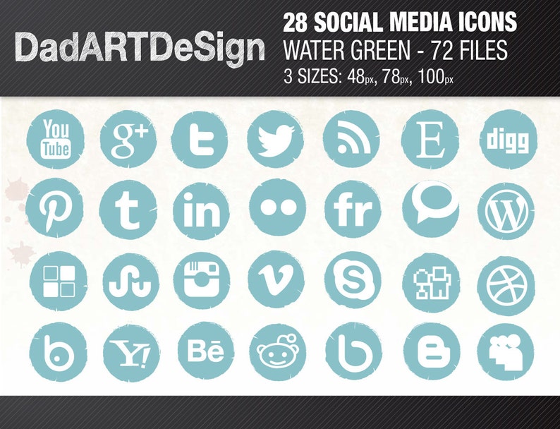 May include: A set of 28 social media icons in a water green color. The icons are in a circle shape with a white background and white text. The icons include popular social media platforms such as YouTube, Facebook, Twitter, Instagram, Pinterest, and more.