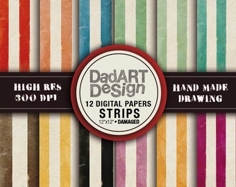 Retro damaged strips patterns digital paper - vintage grunge distressed colors and surfaces - 12 Sheets 12"x12"
