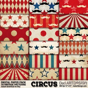 Circus Vintage Patterns Digital Paper Pack 01  |  Wallpapers  |  backgrounds  |  scrapbook supplies  |  clipart  |  instant download