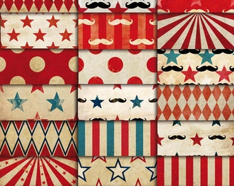 Circus Vintage Patterns Digital Paper Pack 01  |  Wallpapers  |  backgrounds  |  scrapbook supplies  |  clipart  |  instant download