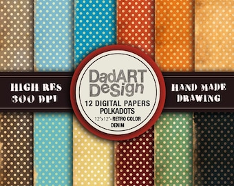 12 Retro Denim Polkadots pattern, digital paper - wallpaper -