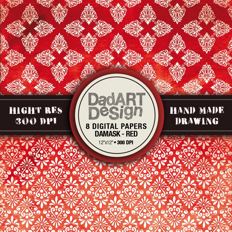 Red damask vintage patterns, 8 sheets digital paper pack, hi res files, instant download image 3
