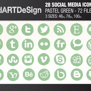 May include: A set of 28 pastel green social media icons, each featuring a different logo, such as YouTube, Google+, Twitter, Facebook, Pinterest, Instagram, and more. The icons are in three sizes: 48px, 78px, and 100px.