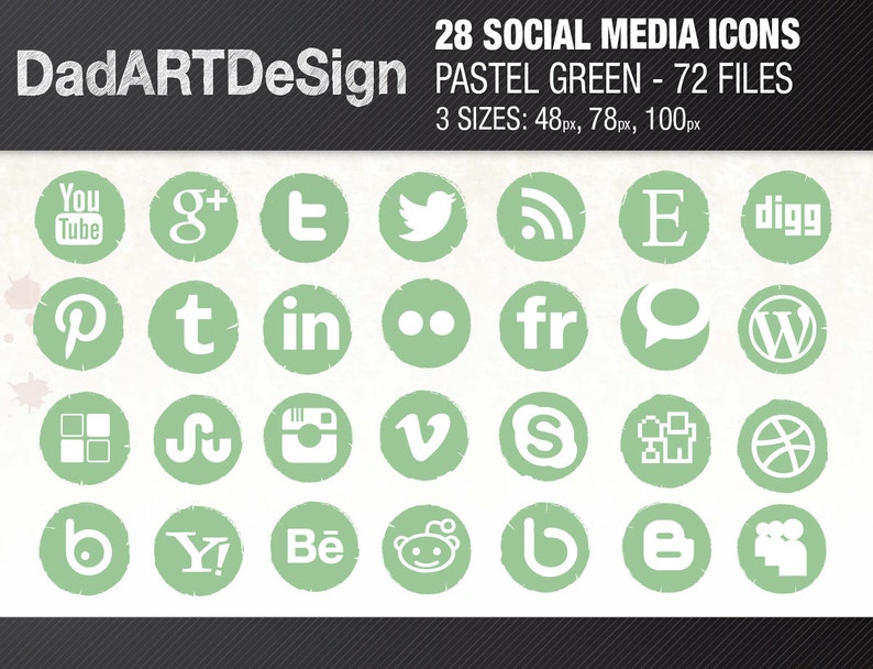 May include: A set of 28 pastel green social media icons, each featuring a different logo, such as YouTube, Google+, Twitter, Facebook, Pinterest, Instagram, and more. The icons are in three sizes: 48px, 78px, and 100px.