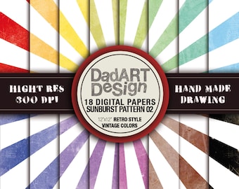 Retro SunBurst Ray Patterns digital paper 02 - vintage colors and surfaces - 18 Sheets - wallpaper