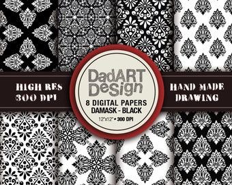 BLACK damask patterns, 8 sheets digital paper pack, hi res files, instant download