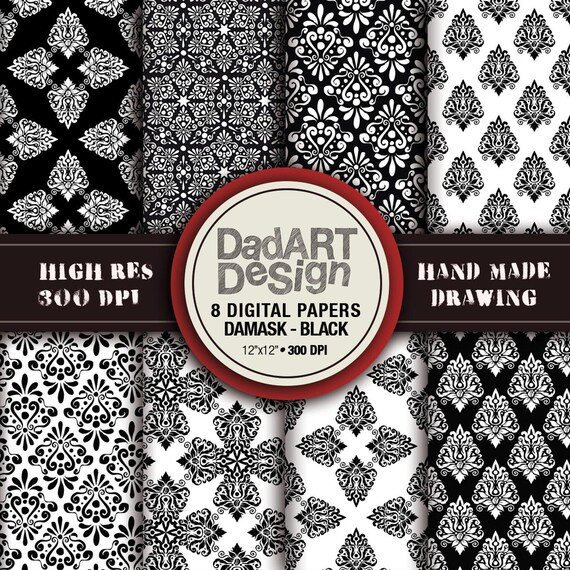 BLACK damask patterns, 8 sheets digital paper pack, hi res files