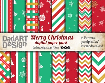 Merry Christmas Digital Paper Pack - 16 High Res Patterns - instant download