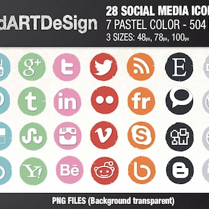 May include: A set of 28 social media icons in 7 pastel colors. The icons are in a circle shape with white outlines and are arranged in a grid. The icons include popular social media platforms such as YouTube, Twitter, Facebook, Instagram, Pinterest, and more.