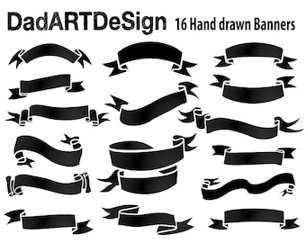 Simple Blank Ribbon Banners, hand drawn, 16 PNG high res files ready to use + EPS, Ai, SVG Vector