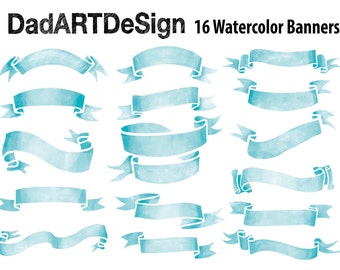 Water Color Green Water Ribbon Banners, hand drawn, 16 PNG HiRes files ready to use