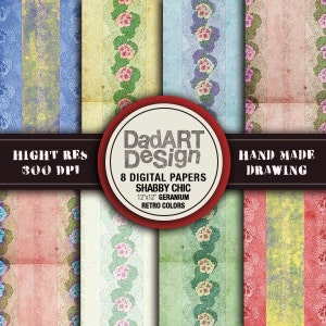 Retro shabby chic floral digital papers - vintage grunge distressed colors and surfaces - 8 Sheets - patterns - wallpapers