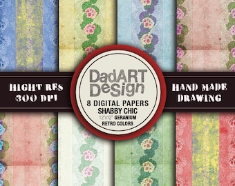 Retro shabby chic floral digital papers - vintage grunge distressed colors and surfaces - 8 Sheets - patterns - wallpapers