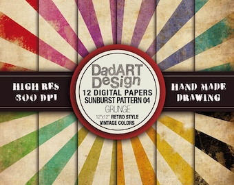 Old SunBurst Ray Patterns digital paper - vintage grunge distressed colors and surfaces - 12 Sheets - wallpaper