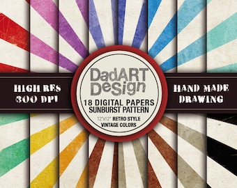 Retro SunBurst Ray Patterns digital paper - vintage grunge distressed colors and surfaces - 18 Sheets - wallpaper