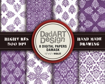 Violet damask vintage patterns, 8 sheets digital paper pack, hi res files, instant download