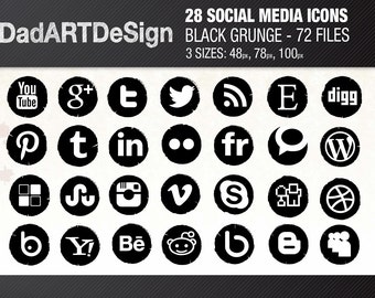 28 GRUNGE SOCIAL MEDIA icons set, Black - Instant Download - Grunge Type - black, 3 sizes