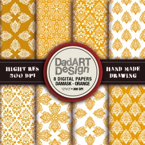 Golden damask patterns, 8 sheets digital paper pack, hi res files, instant download