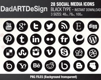 28 SOCIAL MEDIA icons set, Black - Instant Download - 3 sizes