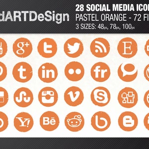 May include: A set of 28 social media icons in a pastel orange color. The icons are in a circle shape with a distressed, textured look. The icons include popular social media platforms such as YouTube, Twitter, Facebook, Instagram, Pinterest, and more.