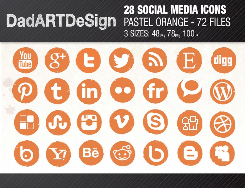 May include: A set of 28 social media icons in a pastel orange color. The icons are in a circle shape with a distressed, textured look. The icons include popular social media platforms such as YouTube, Twitter, Facebook, Instagram, Pinterest, and more.