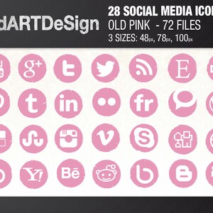 May include: A set of 28 social media icons in a pink and white color scheme. The icons are in a circle shape with a distressed, vintage look. The icons include popular social media platforms such as YouTube, Twitter, Facebook, Instagram, Pinterest, and more.