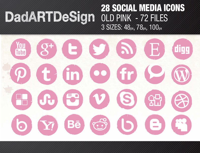 May include: A set of 28 social media icons in a pink and white color scheme. The icons are in a circle shape with a distressed, vintage look. The icons include popular social media platforms such as YouTube, Twitter, Facebook, Instagram, Pinterest, and more.