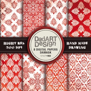 Red damask vintage patterns, 8 sheets digital paper pack, hi res files, instant download image 1