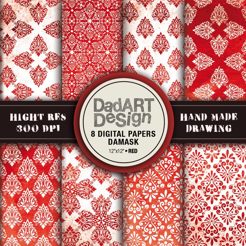 Red damask vintage patterns, 8 sheets digital paper pack, hi res files, instant download image 1