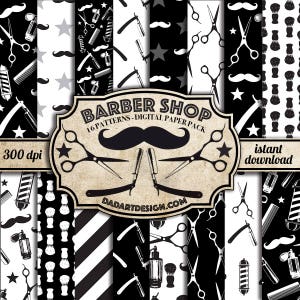 Puede incluir: Un conjunto de 16 patrones de papel digital con ilustraciones en blanco y negro de artículos con temática de barbería, que incluyen navajas, tijeras, peines, brochas de afeitar y un poste de barbero. El texto "Barber Shop" y "16 Patterns - Digital Paper Pack" se muestra en una etiqueta de estilo vintage. El texto "Descarga instantánea" también está incluido.